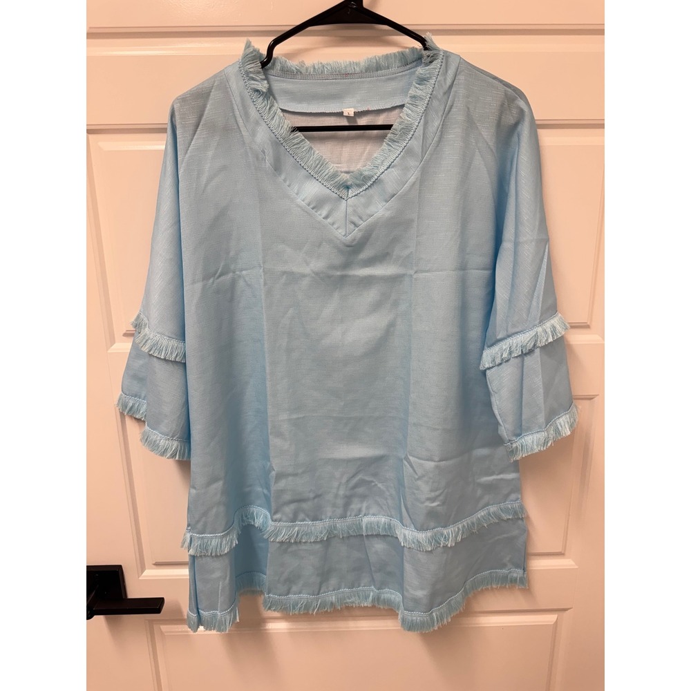 Light Blue Fringe Trim V-Neck Tunic Top Tiered Bell Sleeve Textured L